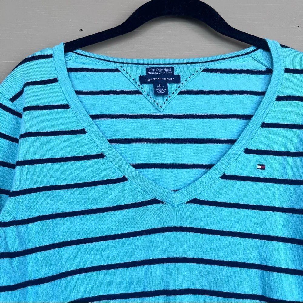 Tommy Hilfiger Stripped Sweater Pima Cotton Blend V-Neck Preppy Medium - Picture 3 of 7